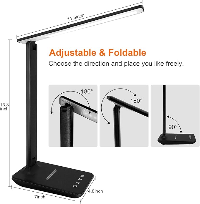 karidi LED Desk Lamp Dimmable Table Lamp with USB Charging Port, 5 Lighting Modes, Sensitive Control, Foldable Portable Desk Light for Home Office Bedroom Reading (Black, Standard Size - 13.3 inch)