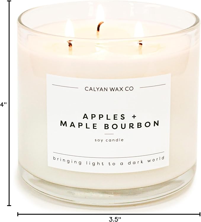Calyan Wax Co. 3 Wick Candle, Apples + Maple Bourbon Scented Candle, 43 Hour Burn Time, 3 Wick Soy Candles, Non Toxic & Vegan Soy Wax, Glass Jar Scented Candles, 14.9oz