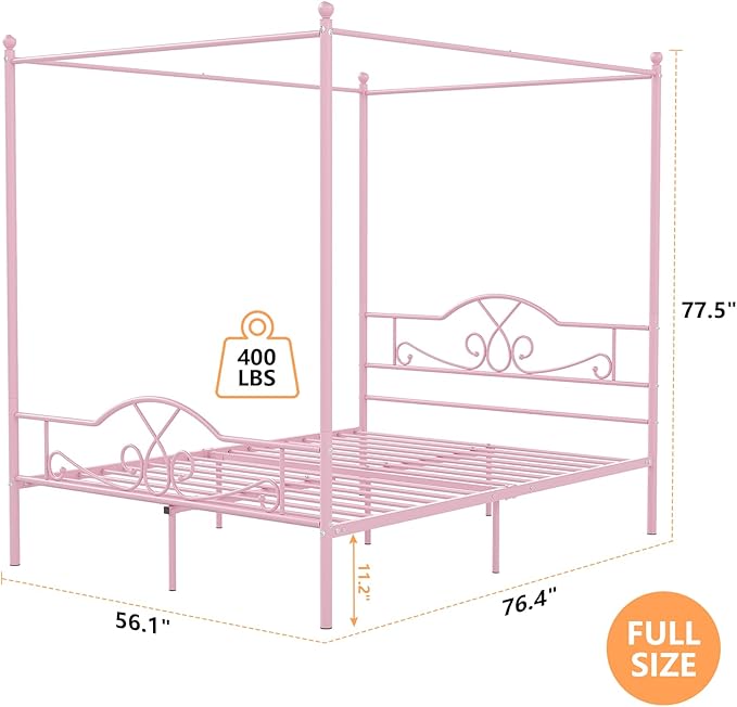 Weehom Full Canopy Bed Frame with Headboard and Footboard, Four-Poster Metal Canopied Platform Bed Mattress Foundation Underbed Storage Space No Box Spring Needed for Girls Adults Pink