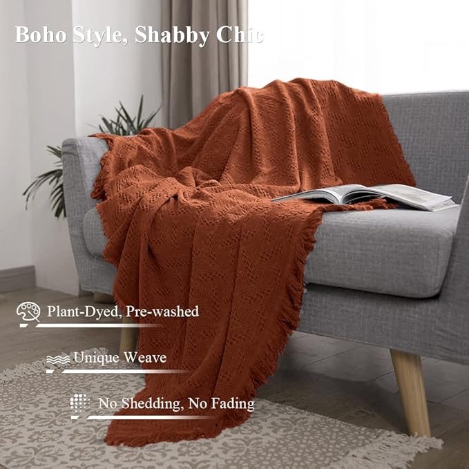 Simple&Opulence 100% Cotton Throw Blanket for Bed, Couch, Boho Luxury Geometric Woven Blanket with Tassels Soft Lightweight Cozy Breathable, Vintage Farmhouse Decoration for All-Season(Rust Orange)
