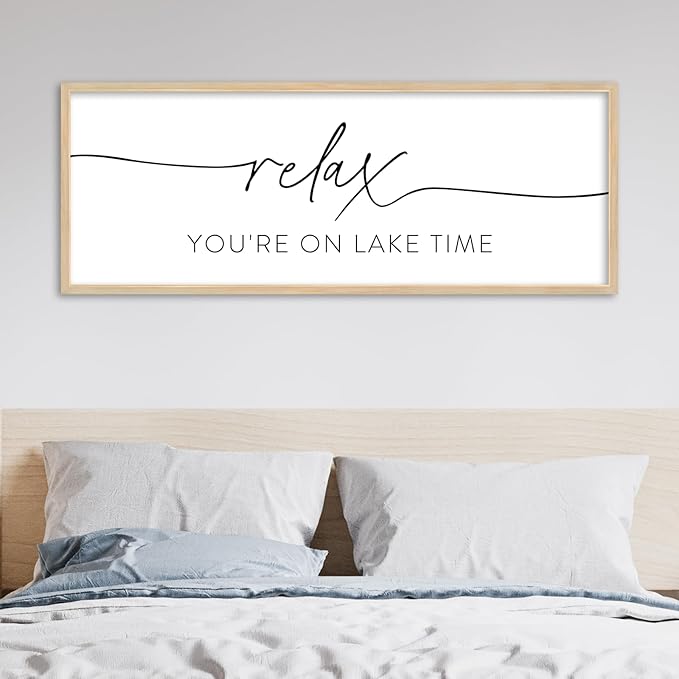 SRSZHIYUE Relax You're On Lake Time Wall Decor Above Bed Sign 32"×12" for Lake House Bedroom Over Bed Large Wood Framed Hanging Art (Wood)