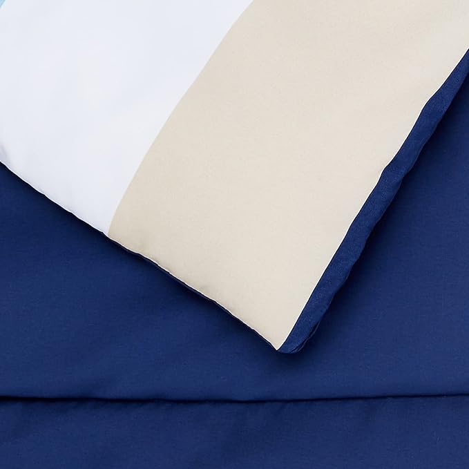 Amazon Basics Full/Queen Comforter Set with Sheets, 7-Piece Blue Stripe Bedding, Lightweight Microfiber Bed-in-a-Bag, Striped