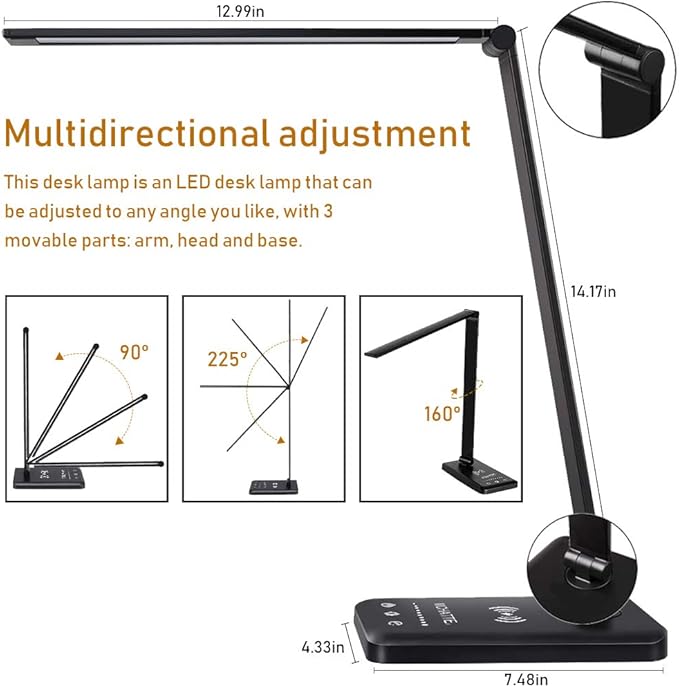 LED Desk Lamp with Wireless Charger, USB Charging Port, Dimmable Eye-Caring Desk Light with 5 Brightness Levels & 5 Lighting Modes, Touch Control, Auto Timer (Black)