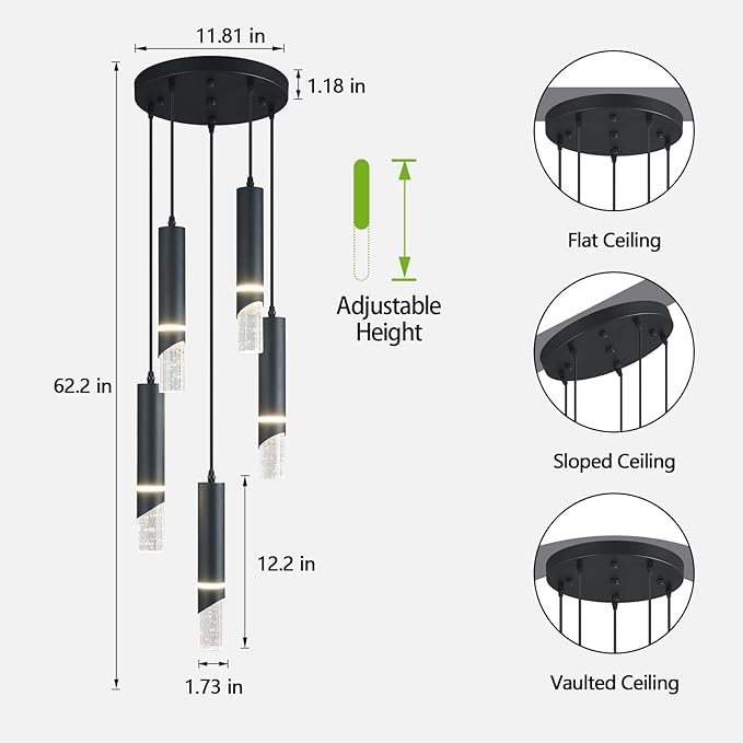 Modern Dimmable Led Pendant Lights Kitchen Island, Ideal for Living Room, Bedroom,Sink 30w LED Crystal Energy-Saving Hanging Lamp for Cozy Lighting (Black 5 Light)