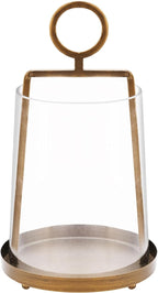 9" Wide Modern Farmhouse Metal Hurricane Candle Holder with Handmade Sturdy Glass Sleeve in Antique Brass for Pillar Candle & Plants, Hurricane Lantern, Industrial, Minimalistic (1, Brass, 9"x14")