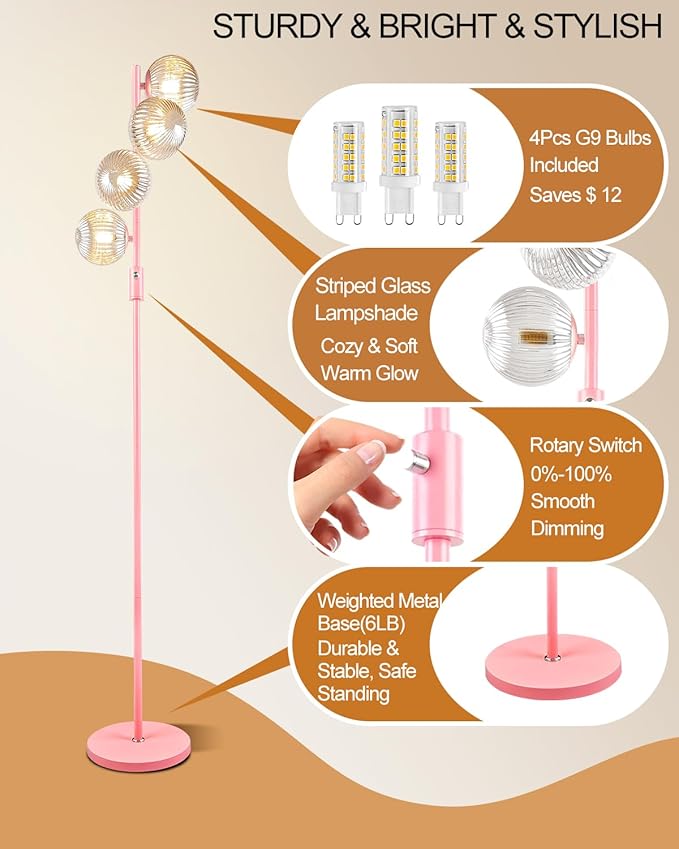 Lightdot 64IN Dimmable Floor Lamp with Globe Clear Glass Shade, Modern Pink Standing Lamps with 4PCS 3000K G9 Bulbs Soft Warm White Eye Care, Mid Century Floor Lamp for Living Room Bedroom
