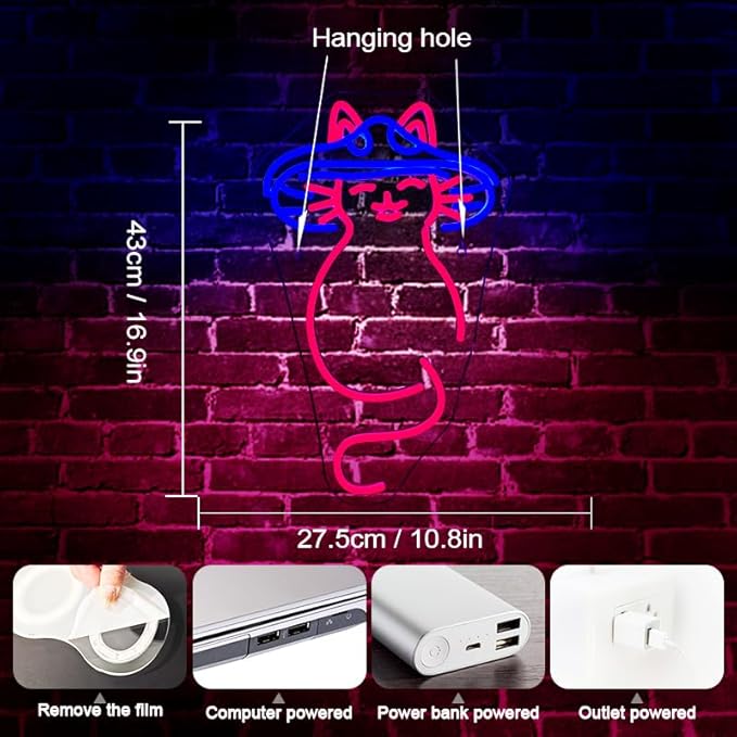 WLHOPE Mushroom Cat Neon Sign for Wall Decor Dimmable Cute LED Lights Light Up Signs for Bedroom Living Room Bar Party Christmas Birthday Art Gift