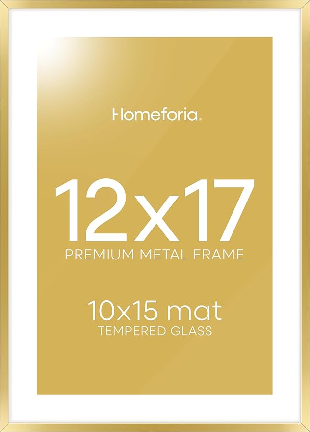 Homeforia 12x17 Picture Frame Gold, High End Metal 12x17 Poster Frames with Mat 10x15 Photo, 12 x 17 Gold Frame Matted to 10 by 15 Print, 17by12 Thin Hanging Frames, Tempered Glass, Wall Kit, Set of 1