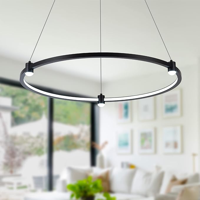 Modern Led Pendant Light Fixture Modern Led Chandelier Dimmable 23.6" Black 1 Circular Ring Hanging Pendant Lighting Fixture for Living Room Dining Room Kitchen Office Foyer 3000K 4000K 6000K