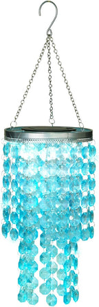 Hanging Solar Lantern Outdoor, 2 Tiers 21” Solar Blue Acrylic Beaded Chandelier with Cool White LED S Hooks for Garden Yard Patio Gazebo Outside Decor