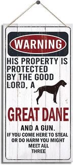 Warning Sign, This Property Is Protected By The Goodlord, A Great Dane And A Gun Warning Wood Plaque Sign, Funny Door Signs, Decorative Wood Hanging Suspension Plaque, Farmhouse Wooden Wall Decor