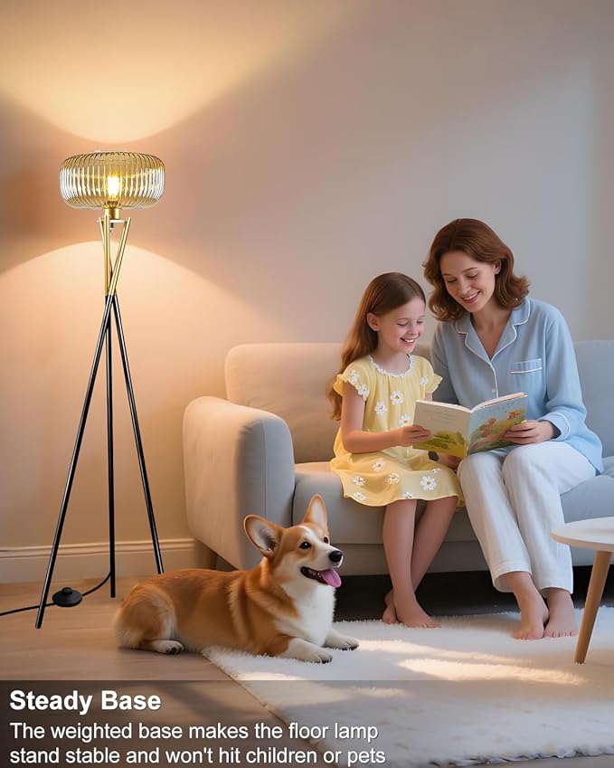 Lightdot Glass Tripod Floor Lamp for Living Room, Modern Gold&Black Standing Lamp with Ribbed Champagne Glass Lampshade, Arc Tall Lamp for Bedroom Office Reading Room, (LED Bulb Included)