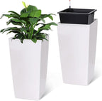 30" Tall Planters Set of 2, Outdoor＆Indoor Black Planter Pots, High Front Porch Planter Pots with Drainage Holes＆Water Level Monitor Movable Wheels ＆Inner Bucket, Automatic Watering, White