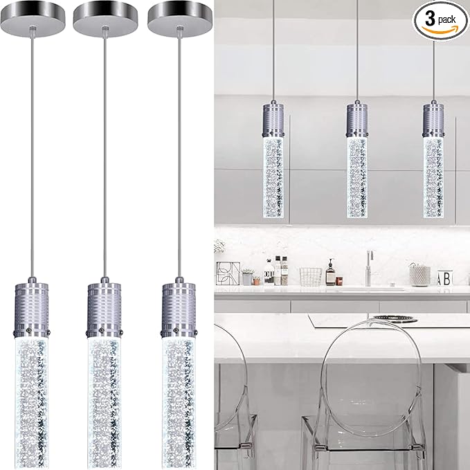 3 Lights Independent Kitchen Island Dining Room Light Pendant Light Fixtures Bubble Crystal Chandeliers Modern Kitchen Island Lighting Chandeliers Fixtures LED Lampara, 6000K LED Bulbs Included