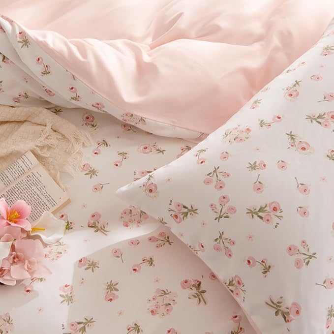 Floral Comforter Set Twin Size - 2 Pieces Pink White Floral Comforter Bedding Sets Reversible Pattern,Twin Bed in a Bag with Flowers Comforter and 1 Pillowcase