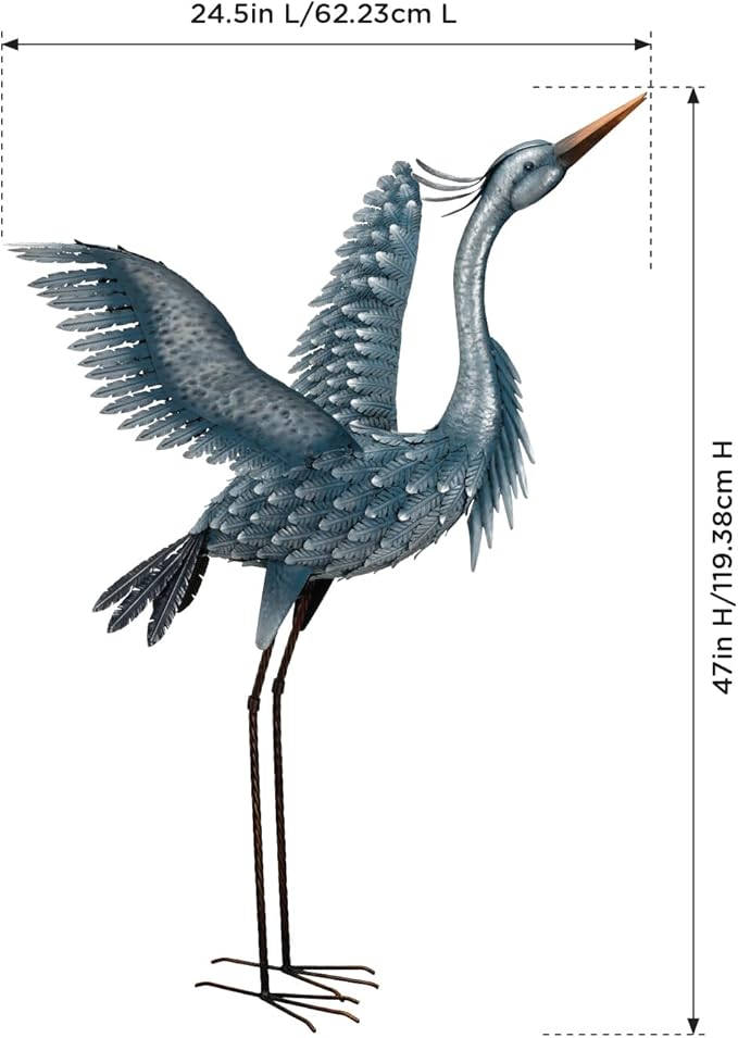 Regal Art & Gift Outdoor Garden Décor, Unique Bird Sculpture, Rustic Metal Bird Statues, Garden Ornaments, Bird Figurine for Lawn, Decorative Sculpture, Heron, Blue, Wings Up, 47"height