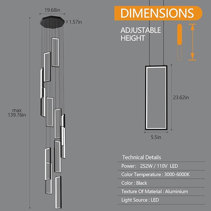 Modern Adjustable Height Pendant Light Fixture Black 252W LED Pendant Lights 12 Rings Rectangular Chandelier Staircase Large Chandelier Lobby Living Room Foyer High Ceiling Chandeliers
