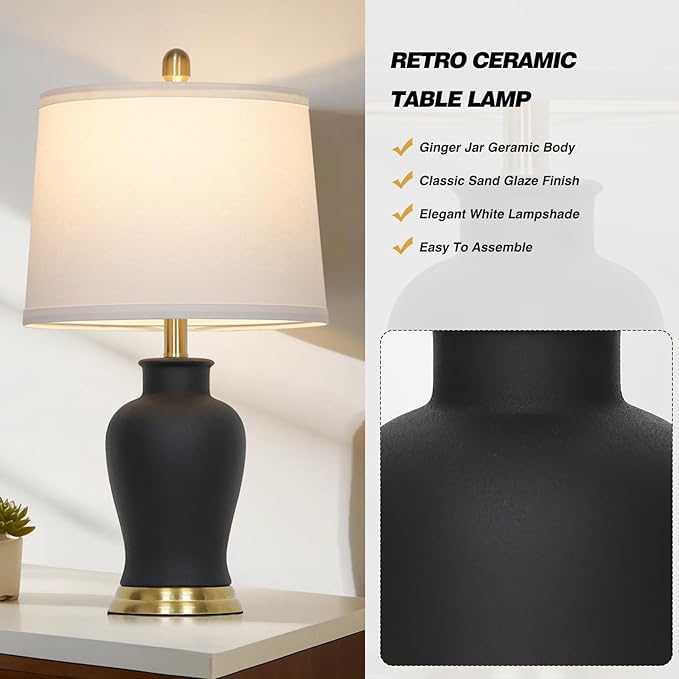 23" Modern Black Ceramic Table Lamps Set of 2, Farmhouse Table Lamps for Living Room, Classic Bedside Lamp with Ginger Jar Design, Elegant Bedroom Lamp for Night stand Desk Side End Table Home Decor