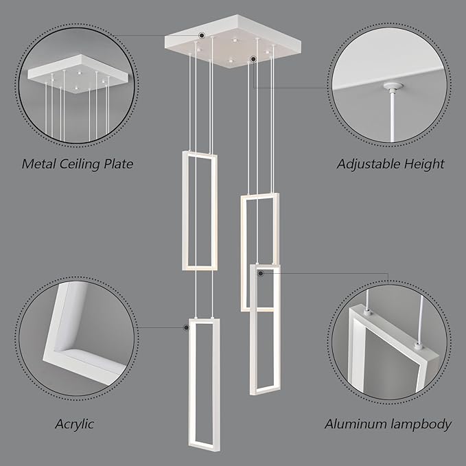 Modern Kitchen Island Dimmable Pendant Light Fixture White 54W LED Pendant Lights 4 Rings Rectangular Chandelier Staircase Large Chandelier Lobby Living Room Foyer High Ceiling Chandeliers