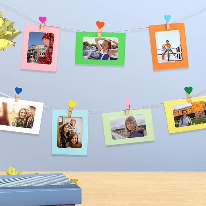 30 Pcs Color Paper Photo Frame Wall Decoration for 4x6 Inch Photos, with Color Heart Clips 30 Pcs and 3 Ropes for Home, Office, School Classroom, Wedding and Party Decoration.