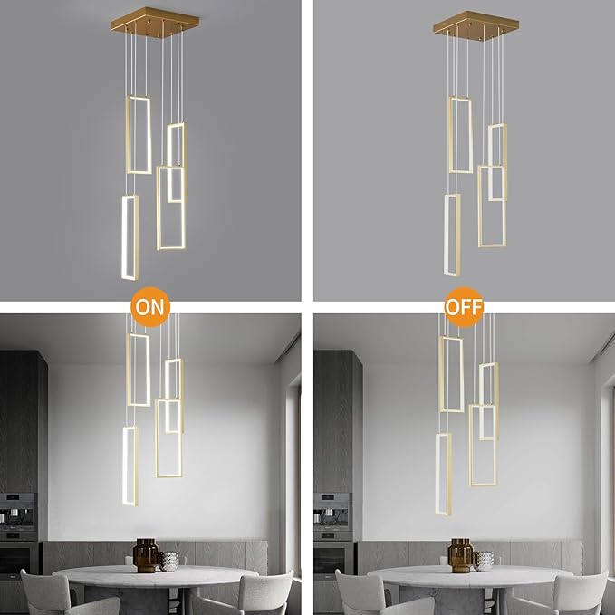 Modern Kitchen Island Dimmable Pendant Light Fixture Gold 54W LED Pendant Lights 4 Rings Rectangular Chandelier Staircase Large Chandelier Lobby Living Room Foyer High Ceiling Chandeliers