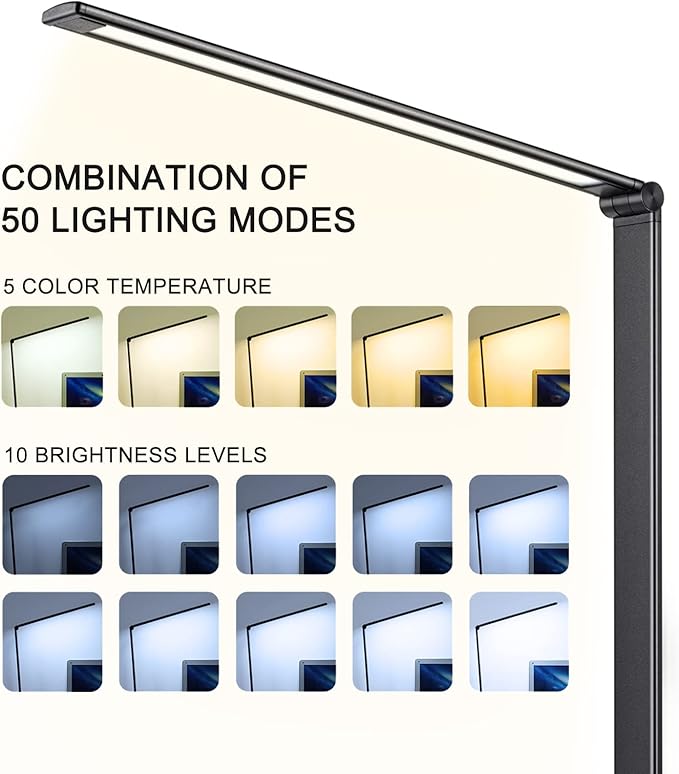 Led Desk Lamp, Desk Lamp with USB Charging Port, 5 Color Modes, 10 Brightness, Natural Light, Eye Caring Reading Lamp, Desk Light for Home Office, Table Lamp, Touch Control, Auto-Timer, Black