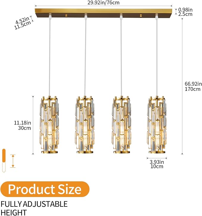 LMQNINE 4 Light Gold Pendant Lighting Modern Pendant Light, Mini Crystal Chandeliers,Adjustable Pendant Light Fixture for Kitchen Island Dinning Room Bedroom(Gold 4-Light)
