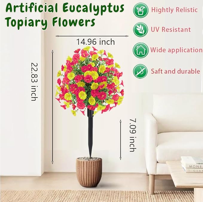 22.8" Set of 2 Fall artificial Boxwood topiary Ball tree for outdoors with Spike,UV Resistant Faux Shrubs Outdoor with morning glory flowers,Faux Plants Bushes for Garden Porch Yard Patio Decor YR