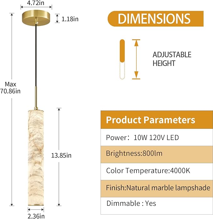 LMQNINE Natural Alabaster Pendant Lights for Kitchen Island White Marble Long Tube Chandelier Modern Gold Ceiling Light Fixtures for Bedroom Dining Room Table Living Room Hallway(M-1Pack)