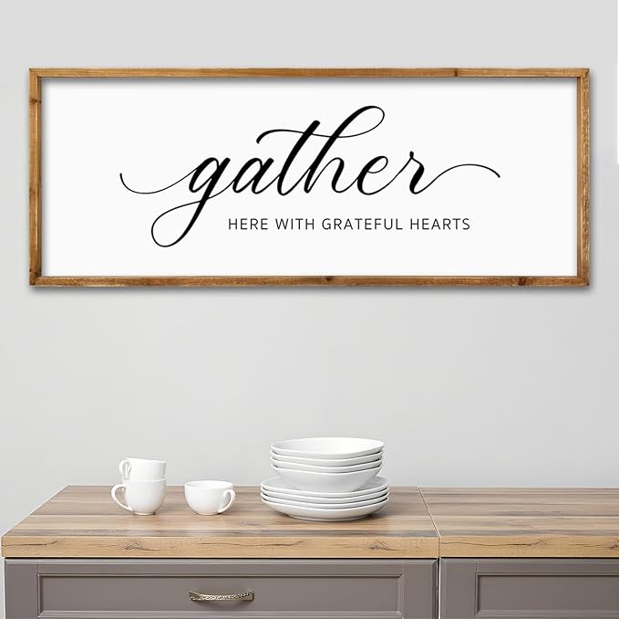 ZZJJHYWGQ Gather Here With Grateful Hearts Sign Rustic Farmhouse Wall Art 32"×12" For Dining Room kitchen Family Gathering Thanksgiving Decor Minimalist Large Wooden Framed Hanging Art (Wood)