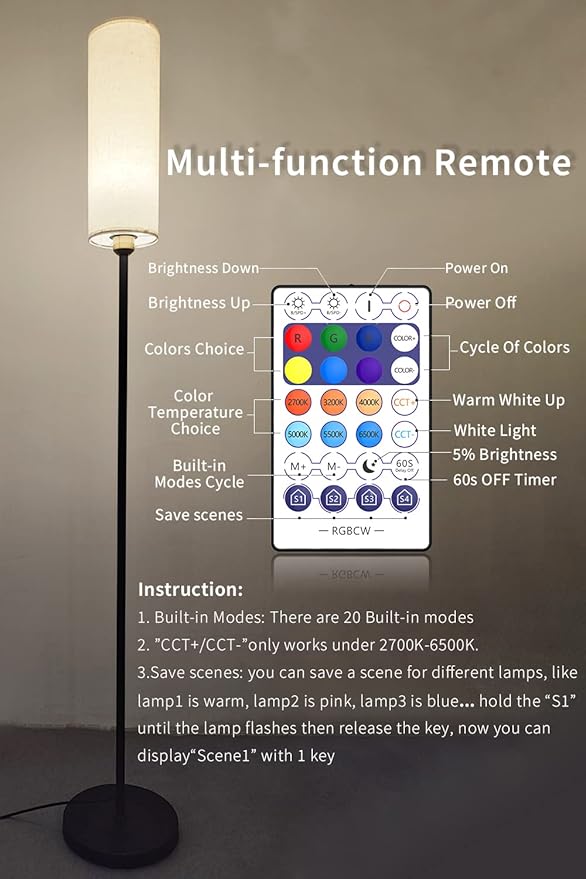 Smart Floor Lamp Works with Alexa & Google Home, Color Changing Stepless Dimmable for Living Room, Modern Standing WiFi Lamps with Remote, Minimalist Pole Lamp Tall Lights for Bedroom, Office-Black