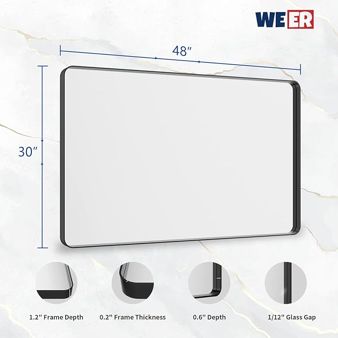 WEER 48X30 Inch Black Metal Framed Bathroom Mirror, Matte Black Bathroom Vanity Mirror, Rectangular Black Wall Mirror for Bathroom, Tempered Glass, Rounded Corner, Hangs Horizontal or Vertical