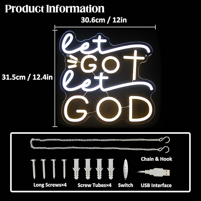 Let Go Let God Neon Sign Warm White Cross Neon Light Dimmable Letters LED Signs for Wall Jesus Neon Lights Signs for Bedroom Church Man Cave Bar Decor Christian Hymn USB Powered