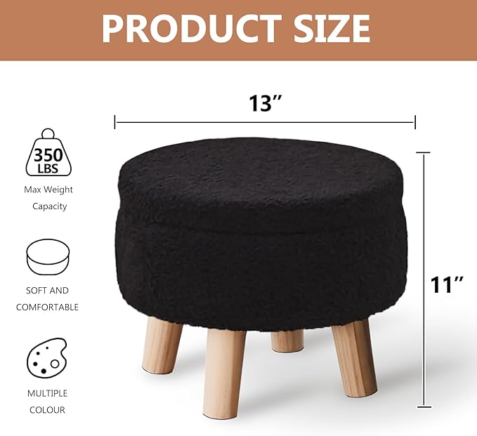 Wimarsbon Storage Ottoman, Modern Round Footrest with Soft Padded Seat, Teddy Velvet Footstool with Wood Legs, Accent Small Table or Plant Stand for Hallway, Living Room (Black)