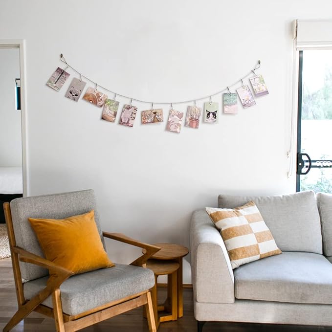 TFu Multi-Purpose Steel Wall Hanging Photo Display Cable Wire Rod with 12 Adjustable Clips for Hanging Photos Notes Postcard and Artworks (Rhombus)