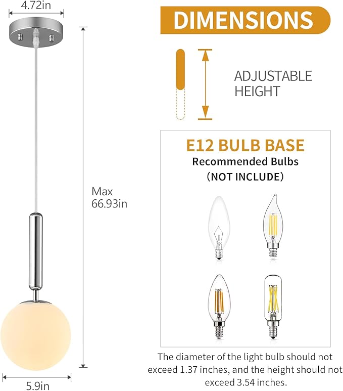 Modern Hanging Light Fixture Pendant Lighting for Kitchen Island Mid Century Chrome Pendant Lights with Globe Milky White Glass Pendant Light for Bedroom Bathroom Entryway (2 Pack)