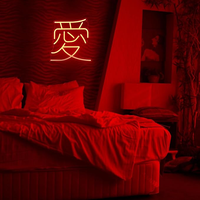 Japanese Love Neon Sign Red Love Kanji LED Neon Light Japan Symbol Neon Wall Sign Chinese Character LED Sign Words Neon Light Up Signs for Bedroom Bar Party Decor Valentine's Day Gifts