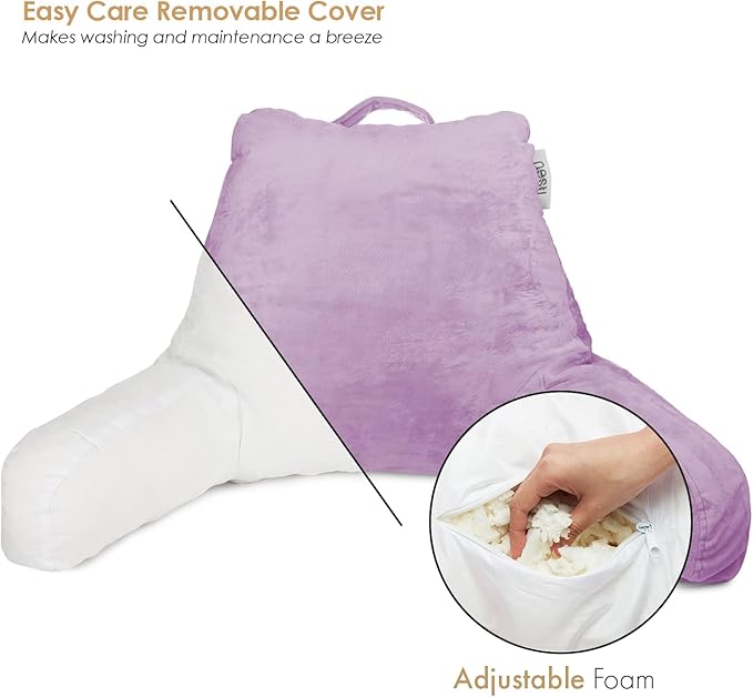 Nestl Reading Pillow Standard Bed Pillow, Back Pillow for Sitting in Bed Shredded Memory Foam Chair Pillow, Reading & Bed Rest Pillows Lavender Back Pillow for Bed, Bed Chair Arm Pillow with Pockets