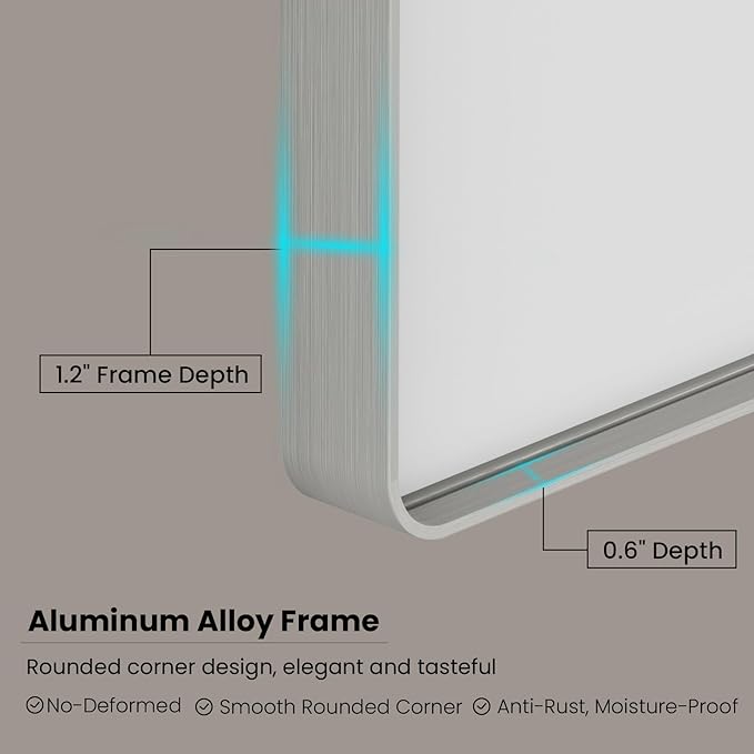 Brushed Nickel Bathroom Mirror 72x40 Inch, Brushed Silver Metal Frame Mirror Wall Mounted, Rounded Rectangle Bathroom Vanity Mirror, Tempered Glass, Anti-Rust, Horizontal/Vertical