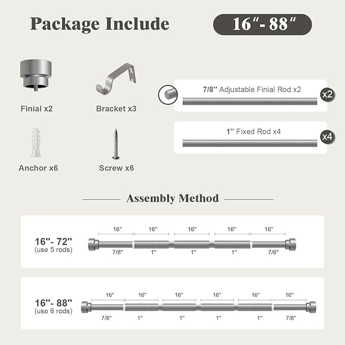 Oneach Silver Curtain Rods for Windows 48 to 84 Inch, 1 Inch Pole Adjustable Length Heavy Duty Metal Curtain Rod Set, for Outdoor Bedroom Kitchen Living Room (16 to 88 Inch)