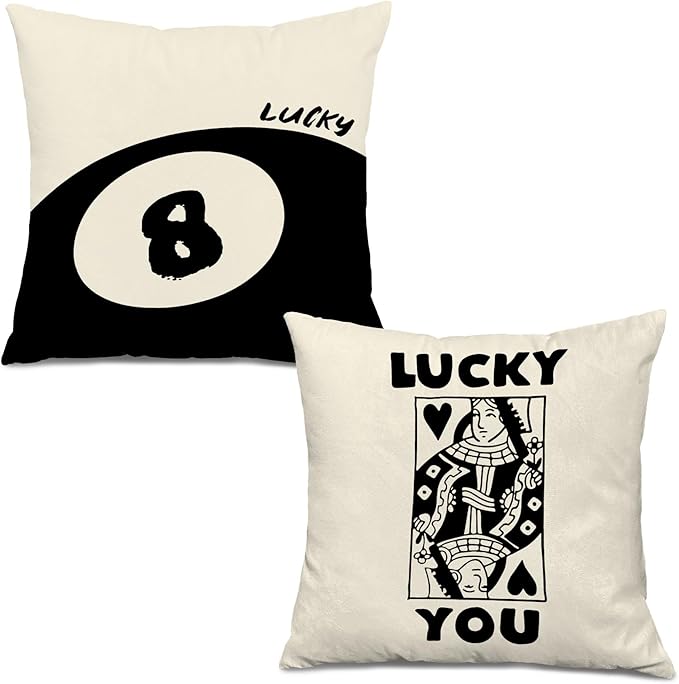 Trendy Retro Black 8 Ball Lucky You Poker Pillow Covers 18x18, Downtown Girl Room Decor, Funky Y2K Lucky You Decorative Throw Pillow Covers for Girls Room Dorm Apartment Home, Set of 2