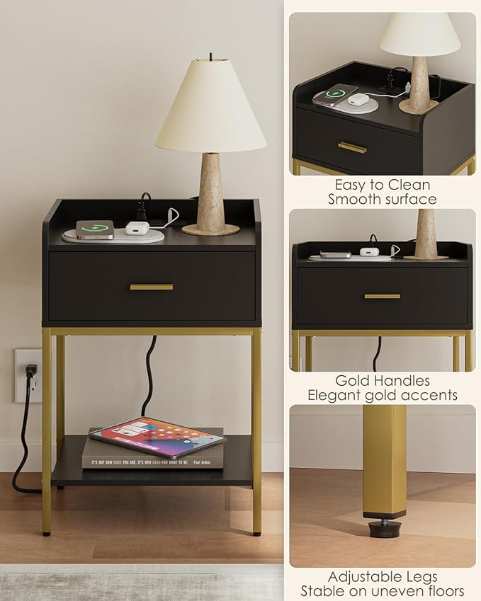 Masupu Nightstand with Charging Station,3-Tier Modern Bedside Night Stand with Storage Drawer and Shelf,Small End Side Table for Bedroom,Living Room,Gold and Black