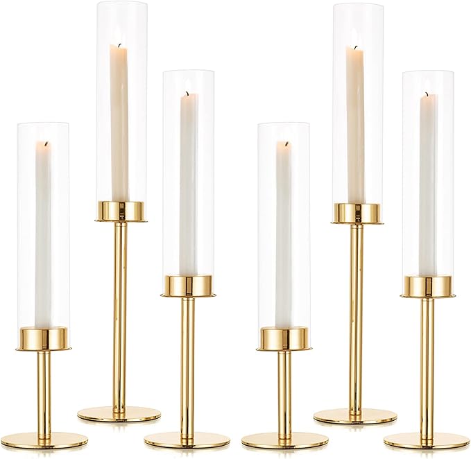 Sziqiqi Gold Taper Candle Holder: 6 Pcs Tall Candleholders - Hurricane Candle Sticks Holder for Wedding Christmas Party Table Centerpiece