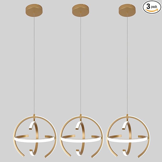 Modern Gold Dimmable LED Chandelier, 13 Inch Brushed Metal Globe Pendant Lights, Hanging Ceiling Light Fixture for Kitchen Island Living Room Room Dining Bedroom Hallway Entryway Foyer (3-Pack)