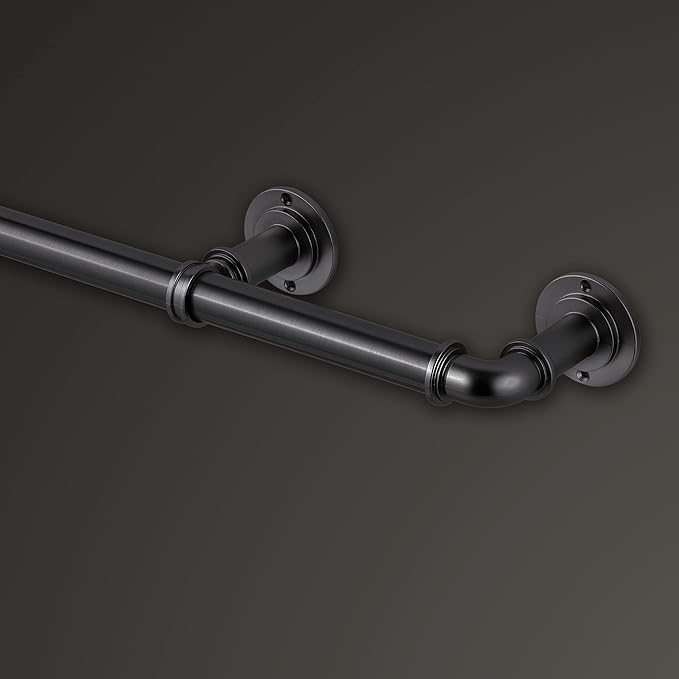 MODE Industrial Room Darkening Collection 1 1/8” diameter Industrial Curtain Rod Set with Steel Wall Mounted Expandable Curtain Rod, Blocks Light, Fits 36” to 72” Windows, Graphite