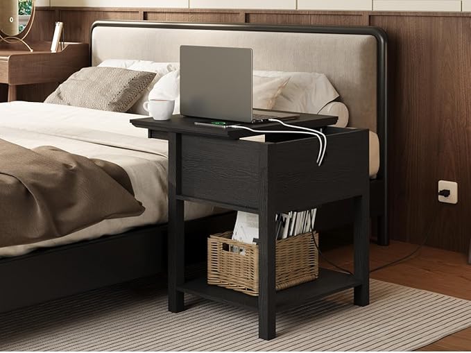 Rresyet Farmhouse End Table with Charging Station, Sliding Side Table & 2-Tier Storage, Wooden Nightstand for Bedroom and Living Room, Black