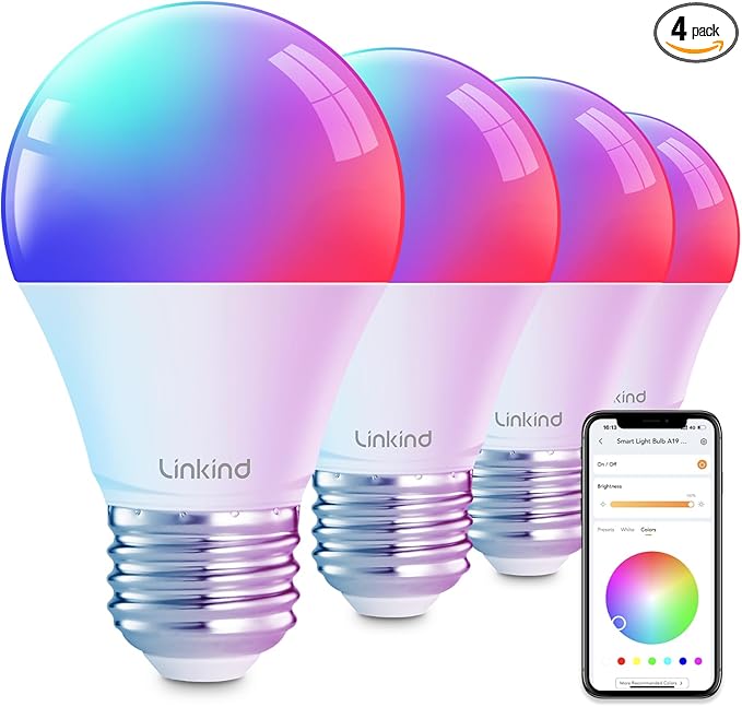 Linkind Smart Light Bulbs, Smart Bulb That Work with Alexa & Google Home, LED Light Bulbs Color Changing, 104 Preset Scene, Music Sync, A19 E26 2.4GHz RGBTW WiFi Bluetooth Light Bulb 60W, 800LM, 4Pack
