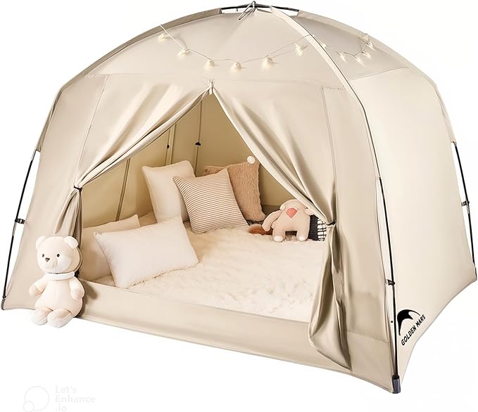Bed Tents for Kids and Adult, Portable 100% Breathable and 85% Blackout Toddler Dream Play Tent, 3 Doors Big Privacy Space Sleeping Canopy for Floor or Twin Full Queen Sizes Bed (Khaki, Twin-Size)