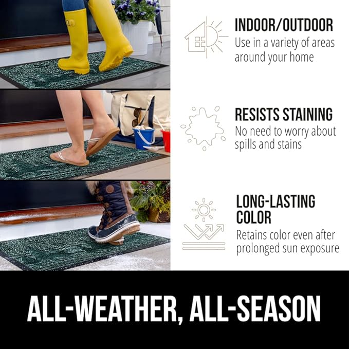 GORILLA GRIP 100% Waterproof All-Season WeatherMax Doormat 35x23, US Designed Natural Rubber, Stain and Fade Resistant, Low Profile Indoor Outdoor Door Mats, Easy Clean Patio Mat, Green Snowscape
