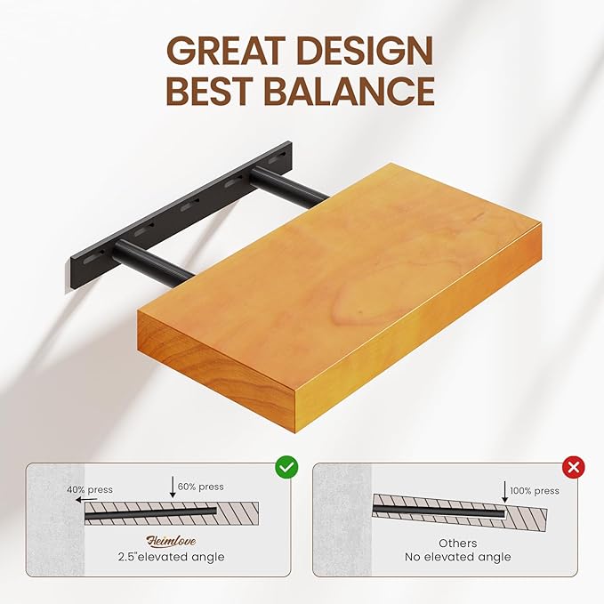 Heimlove Wooden Floating Shelves for Wall,2 Packs 16 inches Natural Pine Solid Wood Bathroom Shelf Over Toilet Decor and Storage 8 inches Deep for Kitchen Bedroom Office & Living Room Wall Decor